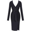 Latest Women Front Wrap Tie Dress V Neck Long Sleeve Side Slit Midi Black Formal Dress