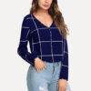 Long sleeve v neck button front plaid blouse tops women