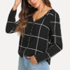 Long sleeve v neck button front plaid blouse tops women