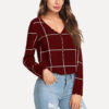 Long sleeve v neck button front plaid blouse tops women